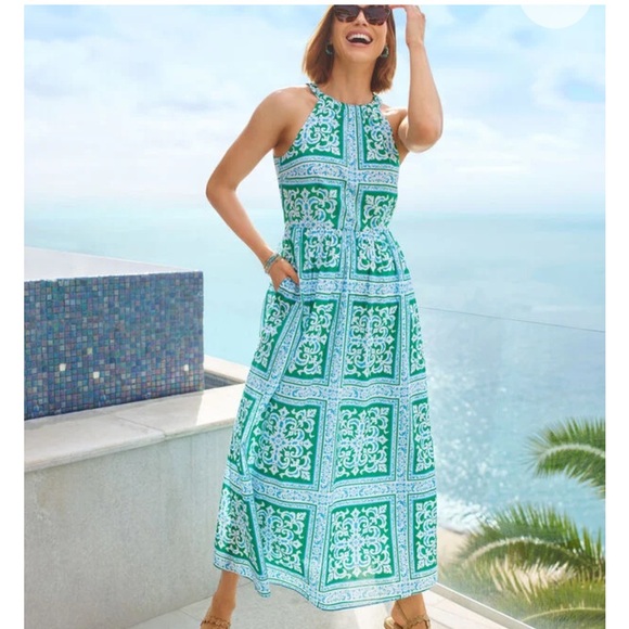 TALBOTS HALTER MAXI DRESS - MEDALLION TILES - Beach Vacation Summer Dress - Picture 4 of 10